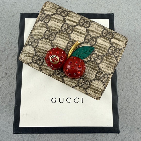 Gucci Handbags - Gucci Cherry Wallet GG Supreme Canvas Red Leather Compact 476050-1147